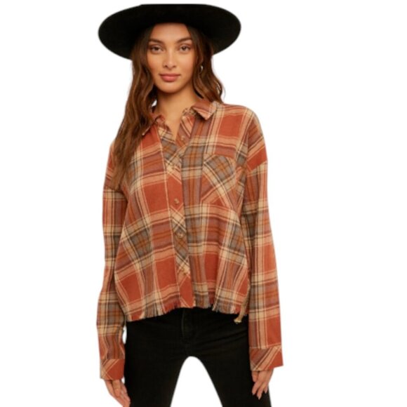 Hem & Thread Frayed Plaid Button-Up Lightweight Flannel Shirt, Striped Sides, M - Picture 1 of 15